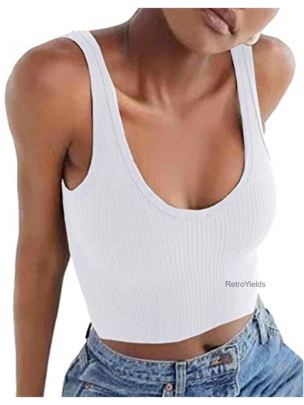 Ribbed Fitted Crop Tank Top with Ruched Drawstring Sleeveless Scoop Neck